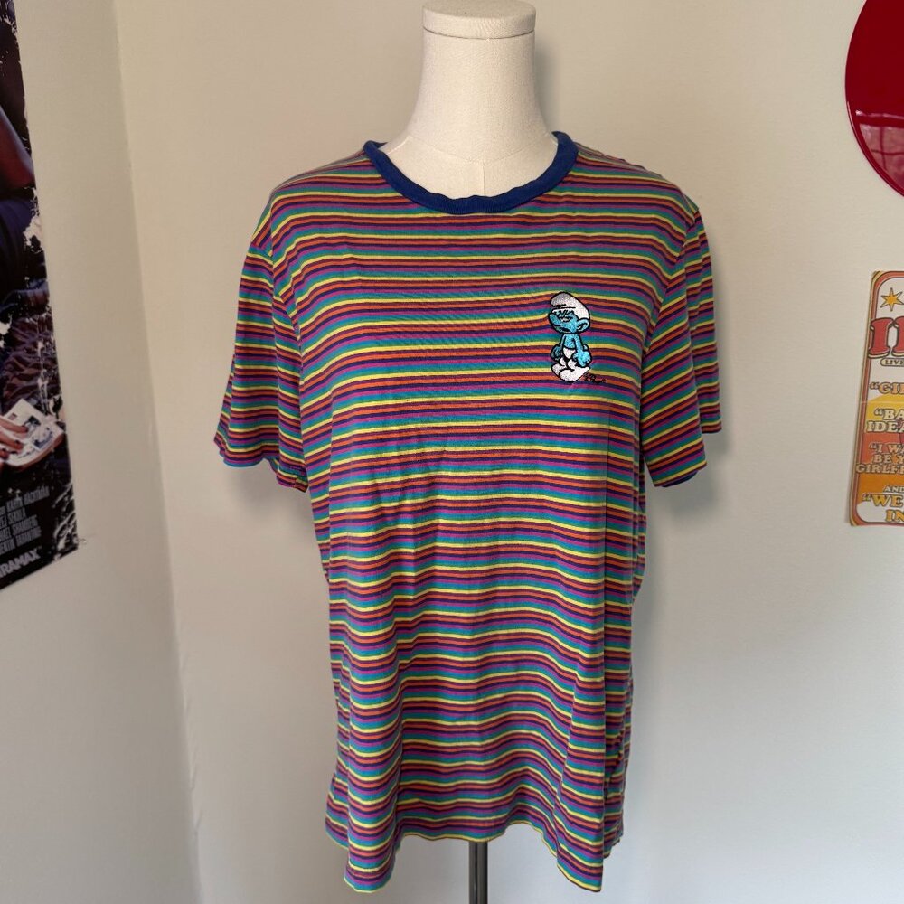 Smurfs Retro Rainbow  2019 Striped Embroidered Logo Graphic T Shirt